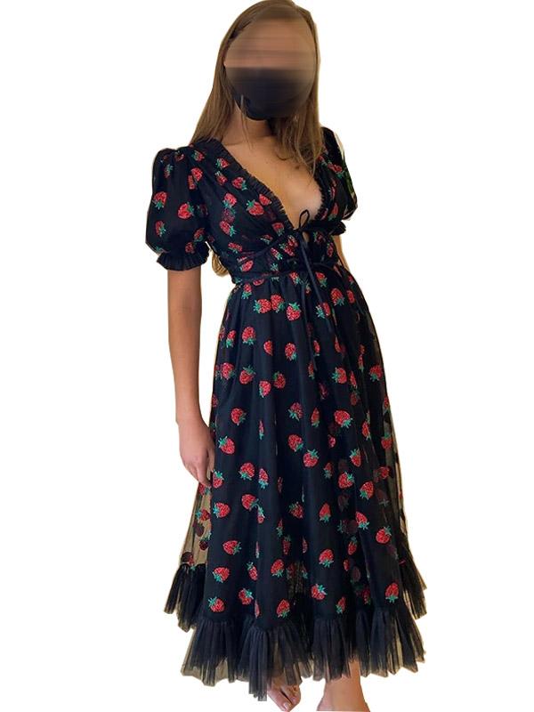Black Strawberry Dress Print V Collar Princess Dress Midi Dress Black