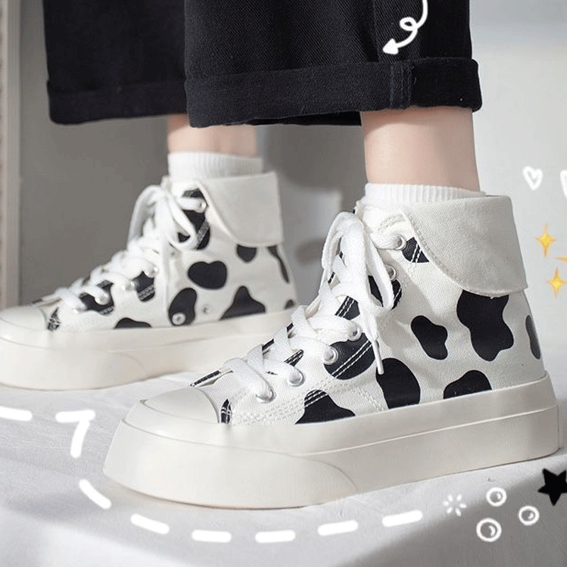 Cow Print Hey Dude Shoes High-Top Canvas Shoes Female Student Lace-up White Shoes Cow Board Shoes