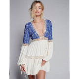 Women Dresses V-neck Backless Embroidered Long Sleeve Dress