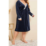 Women Plus Size MIDI Dresses V Collar Lace Blue Velvet Dress