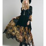 Women Dresses Bohemian Pleated Dress Hem Large Flower Printed Long Sleeve Dress