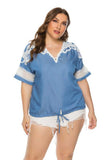 Women Plus Size Tops Loose Stitching Denim Short Sleeve Top for Women