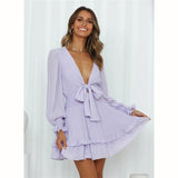 Dakota Johnson Red Mini Dress V-neck Long Sleeve Lace-up