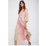 Women Dresses Summer V-neck Cotton and Linen Embroidered Dress