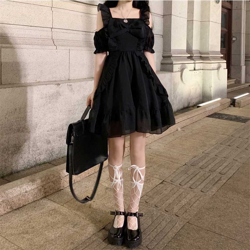 Gothic Lolita Harajuku Style Closing off-the-Shoulder Bow Waist Slimming Solid Color Dress