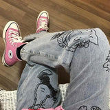 Anime Print Jeans Denim Pants Straight Jeans Loose Cartoon Printed Men's Pants