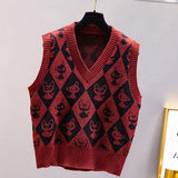 Preppy Aesthetic Outfits Spring Vintage Hit Color Diamond Lattice Knitted Waistcoat for Women V-neck Pullover Sweater