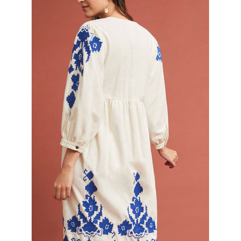 Women Dresses V-neck Embroidered Flower Lantern Sleeve Fashion Dress