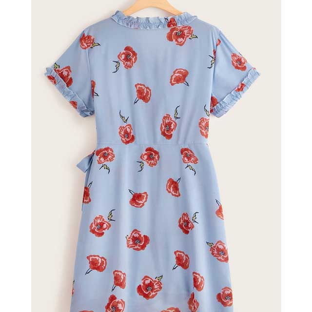 Women Plus Size Midi Dresses Printed Pleated Short Sleeve Slim Dress