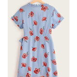 Women Plus Size Midi Dresses Printed Pleated Short Sleeve Slim Dress