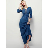 Women Dresses Deep V-neck Tied Cotton Dress Long Skirt