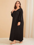 Women Plus Size Maxi Dressesvv Collar Lace Stitching Casual Long Sleeve Dress