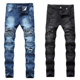 J Shaped Jeans New Men 'S Jeans Motorcycle Slim Straight Knee Ripped Stretch