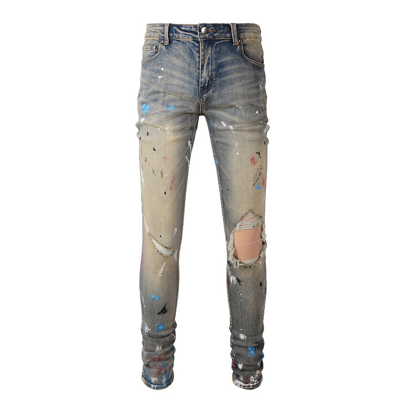 Amiri Jeans Casual Hip Hop Wash Splash-Ink Painted Slim Jeans Casual Fashionable 6556