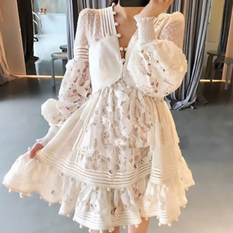 Women Dresses Spring/Summer Embroidered Flower Puff Sleeve V-neck Vacation Hollow-Out Lace Skirt