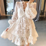 Women Dresses Spring/Summer Embroidered Flower Puff Sleeve V-neck Vacation Hollow-Out Lace Skirt
