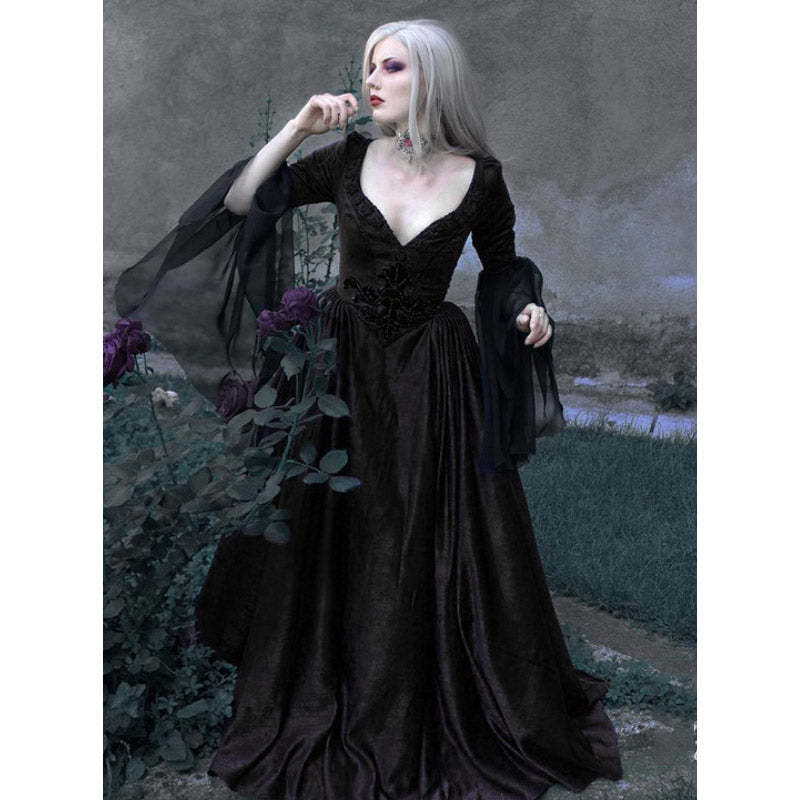 Vintage Empire Waist Dress Solid Color Lace Sexy Low-Cut Dress