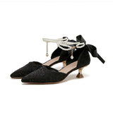 Nude Block Heel Sandals Pearl Chain High Heel Sandals