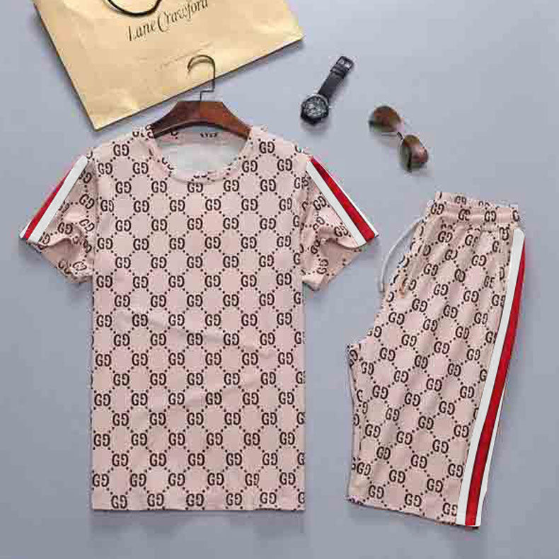 Men's Athletic Tracksui Summer Printed Casual Suit round Neck Short Pants Two-Pieces