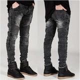 J Shaped Jeans Fashion Brand Motorcycle Pants Pleated Slim Fit Skinny Stretch Jeans