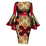 Women Plus Size Midi Dresses Printed Flared Long Sleeve Dress