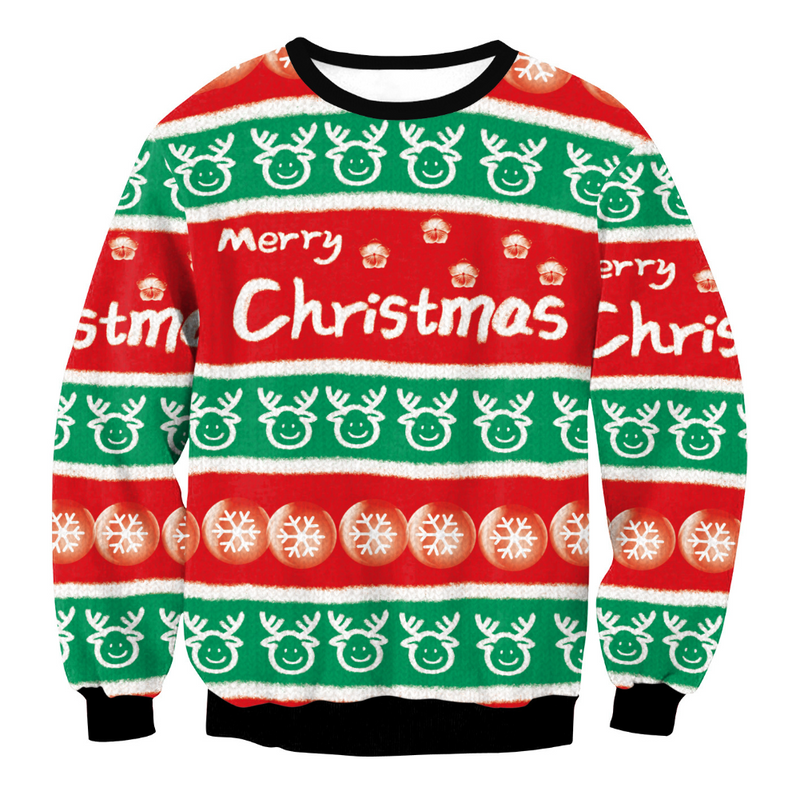 Black Christmas Sweater Crew Neck 3D Printed Santa Claus Loose