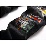J Shaped Jeans Men's Jeans Straight Hole Colored Mosaic Patchwork Stick-on Crystals