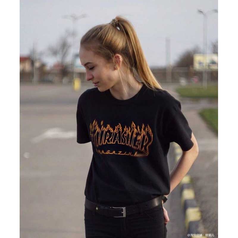 Thrasher T Shirt Flame Print round Neck Couple Style