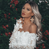 Knee Length Semi Formal Dresses for Wedding off-Shoulder Lace Long Sleeve Midi Dress