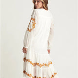 Women Dresses Flower Embroidered Large V-neck Light Cage Sleeve Loose Dress Long Dress