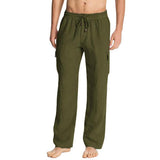Linen Pants Straight Leg Pants Drawstring Lightweight Elastic Beach Pants Men's Multi-Pocket Rope Casual Trousers
