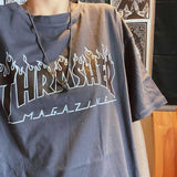 Thrasher T Shirt Summer Vintage Flame Letter Print Couple Niche Loose