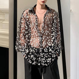 Transparent Shirt for Men Sheer Top Slim-Fit Long-Sleeved Lace Shirt