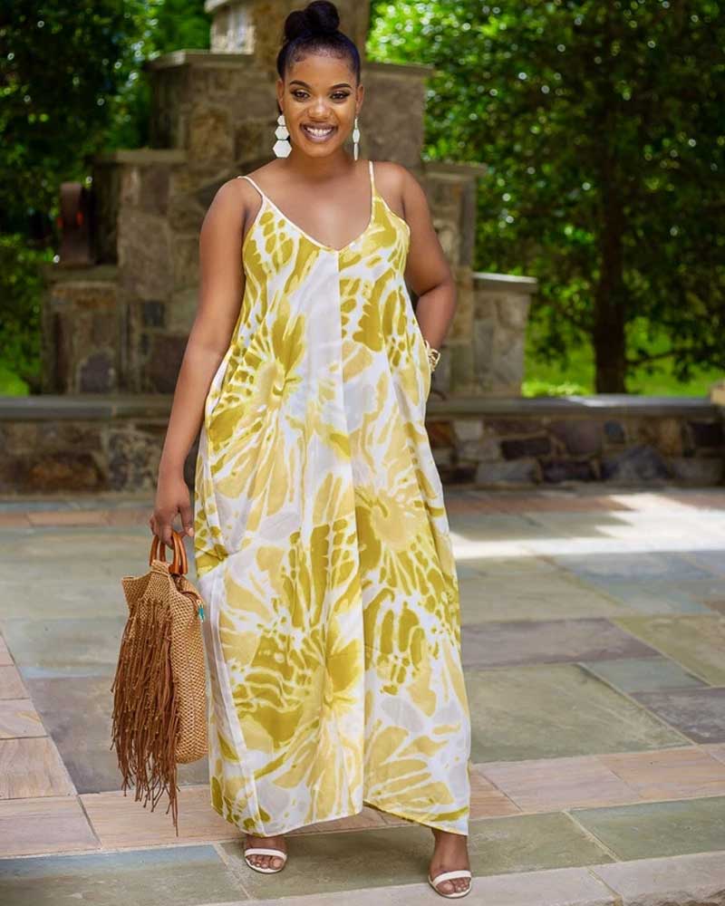 Women Plus Size Maxi Dresses Sexy V-neck Spaghetti-Strap Floral Print Pocket Dress