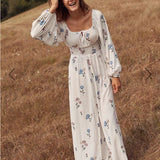 Women Dresses Lantern Sleeve Embroidery Little Flower Split Maxi Dress