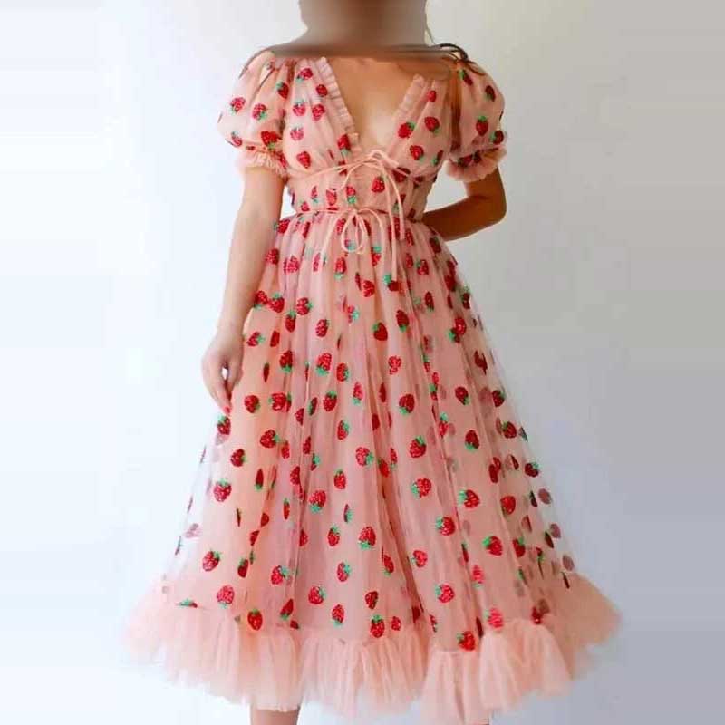 Pink Strawberry Dress Cottagecore Midi Dress Aesthetic Fairycore Dress Prom Dress