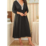 Women Plus Size Maxi Dressesv Collar Lace Stitching Solid Color Dress