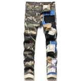 J Shaped Jeans Straight Ripped Colorful Cloth Stitching Denim Trousers