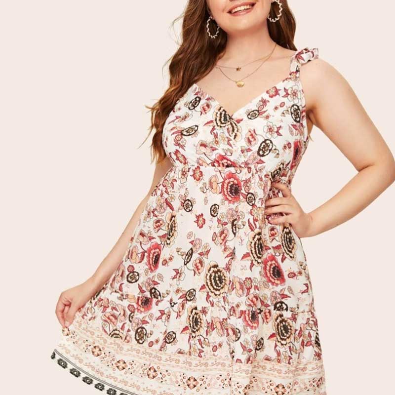 Women Plus Size Mini Dresses Spring/Summer Loose Spaghetti-Strap Floral Print Dress