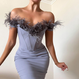 Mariah Carey Dress Sexy Hip Skirt Feather Card Shoulder Slim Dress