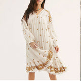 Bohemian Fashion V-neck Floral Embroidered Lantern Sleeve Loose Dress