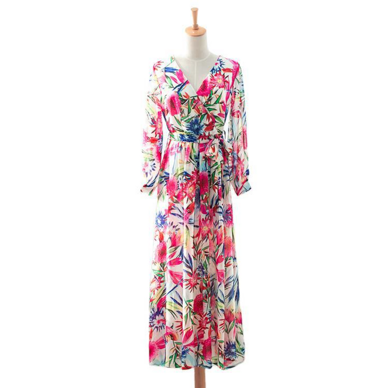Nina Parker Dresses Lantern Sleeve Green Leaves Printed Dress Thickened