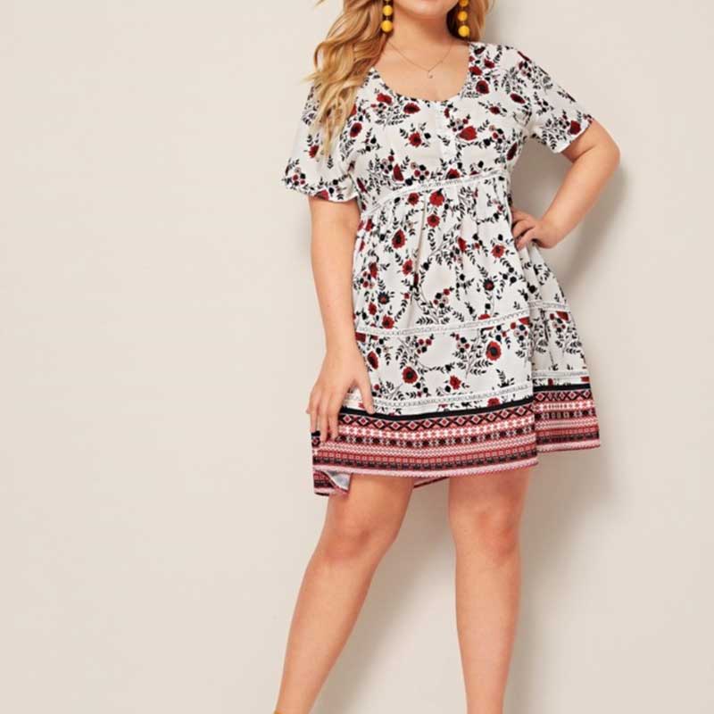 Women Plus Size Mini Dresses Spring/Summer Loose Printed Short Sleeve Dress