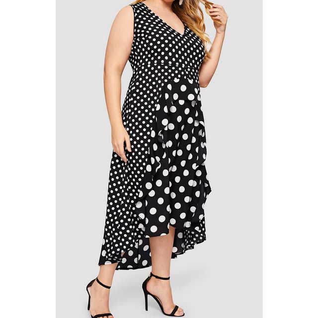 Women Plus Size MIDI Dressesv Collar Black Polka Dot Asymmetric Dress