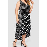 Women Plus Size MIDI Dressesv Collar Black Polka Dot Asymmetric Dress