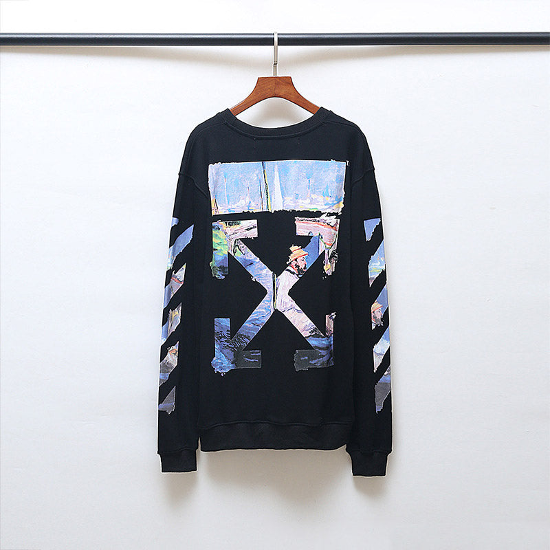 Off White Long Sleeve Round Neck Sweatshirt Autumn And Winter Monet Oil Painting Series Crew Neck Pullover Sweatshirt