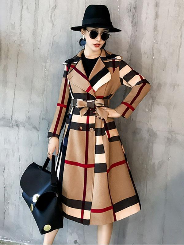 casaco feminino de cor xadrez xadrez com cinto de contraste trincheira casaco vintage de inspiração