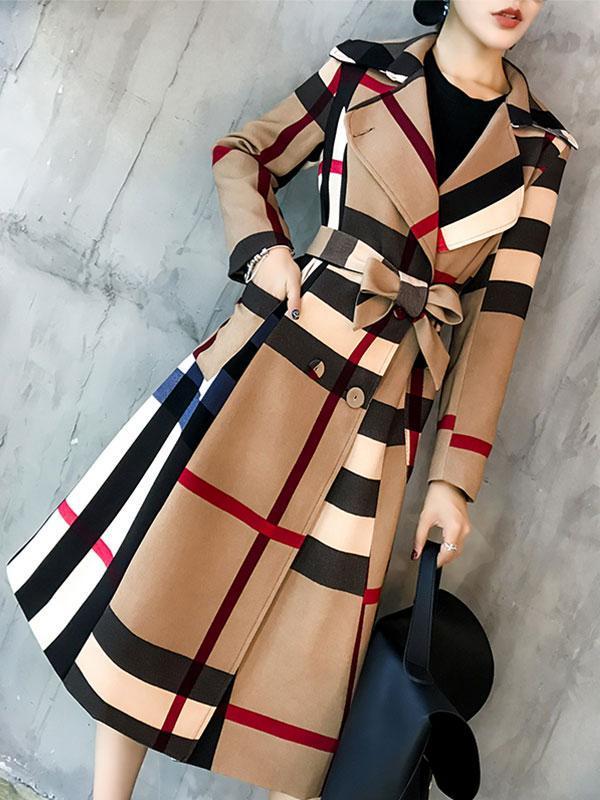 Frauen Farbblock Plaid Trenchcoat mit Gürtel Kontrast Trench Vintage inspiriert Mantel Staubtuch Mantel