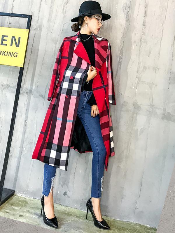 Frauen Farbblock Plaid Trenchcoat mit Gürtel Kontrast Trench Vintage inspiriert Mantel Staubtuch Mantel